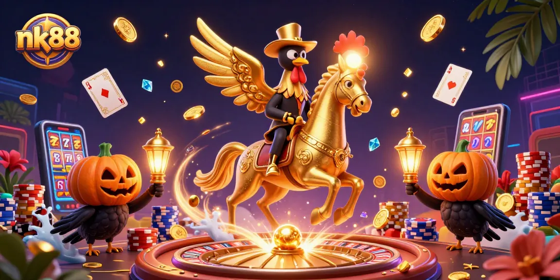 Win big with nk88 in this colorful casino scene filled with slots and cards.