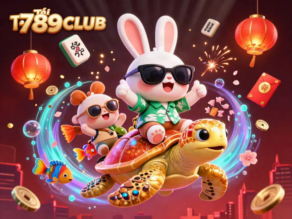 Immerse in the thrill of Tải 789CLUB with a vibrant scene of an adorable rabbit and turtle, symbolizing joy in online gaming.
