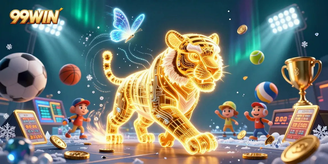 Experience thrilling gameplay at 99WIN with a vibrant digital casino scene featuring a glowing golden tiger and sports elements.