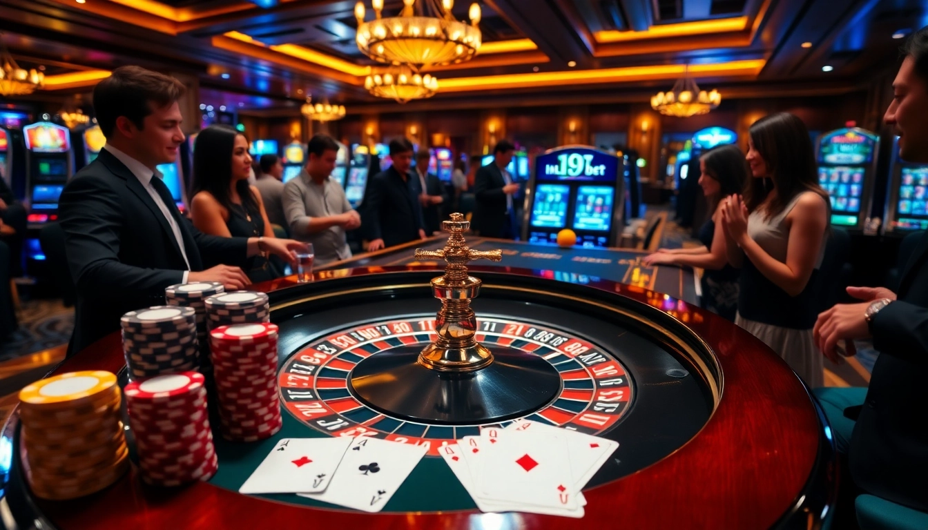 Engaging gamblers at the i9bet roulette table in a luxurious casino setting.