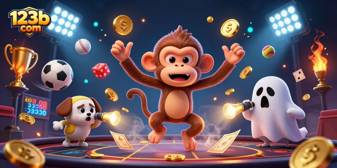 Engage with thrilling games at 123b com, featuring a haunted casino scene with a mischievous monkey.