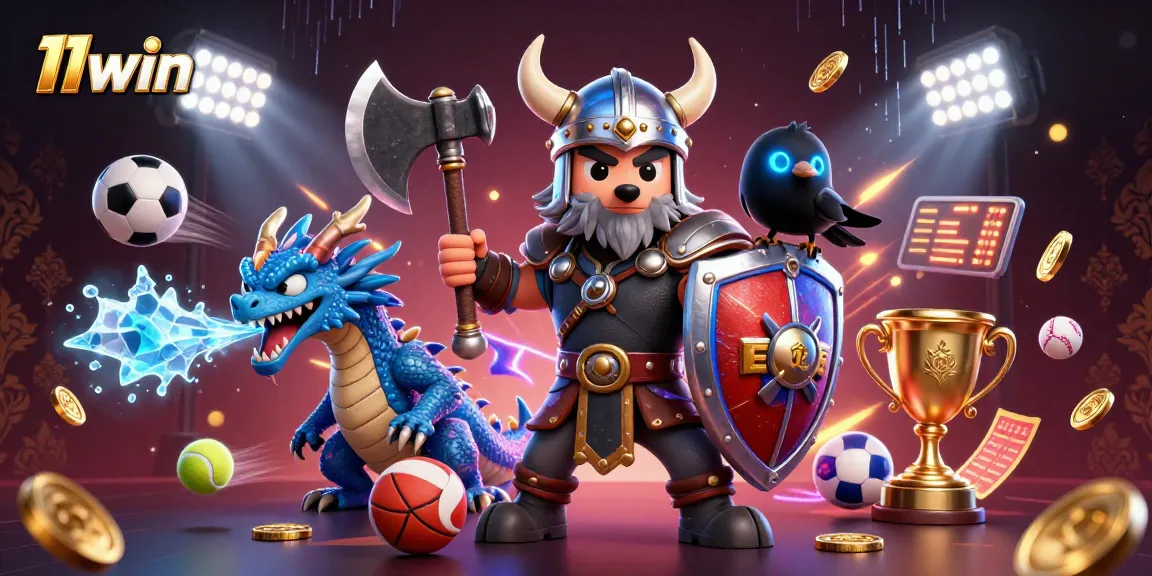 Engage with 11win's dynamic gaming action featuring a Viking warrior, a fierce dragon, and vibrant sports elements.