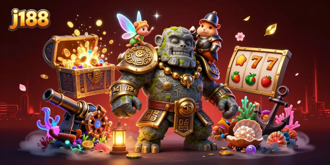 Engage with the vibrant j188 casino scene featuring a magical golem, fairy, and hamster knight amidst gold and gems.