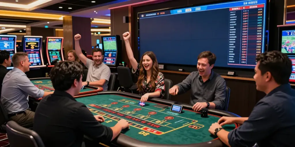 Immersive online betting experience at FC88 featuring live casino games and excited players.
