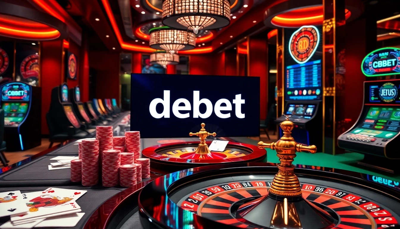 Experience thrilling gaming with debet as players engage at high-stakes casino tables, showcasing vibrant chips and cards.