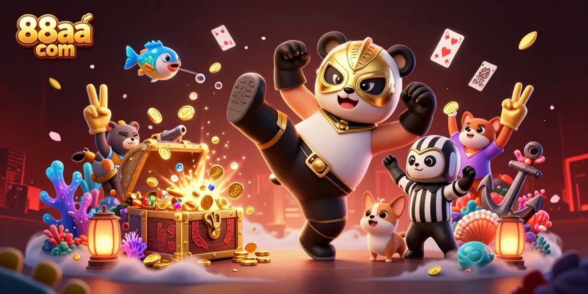Experience excitement with 88aa com as a panda wrestler kicks in a vibrant casino-themed illustration.