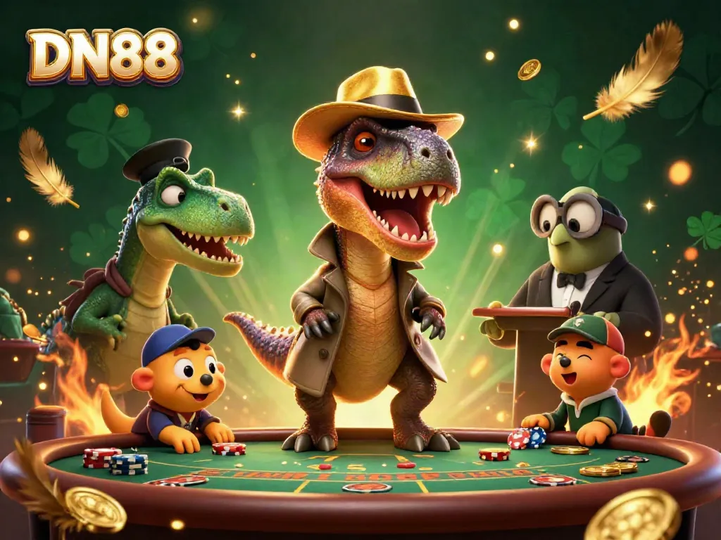 DN88 showcases a cartoon velociraptor at a blackjack table while a stegosaurus watches suspiciously, capturing the online casino vibe.