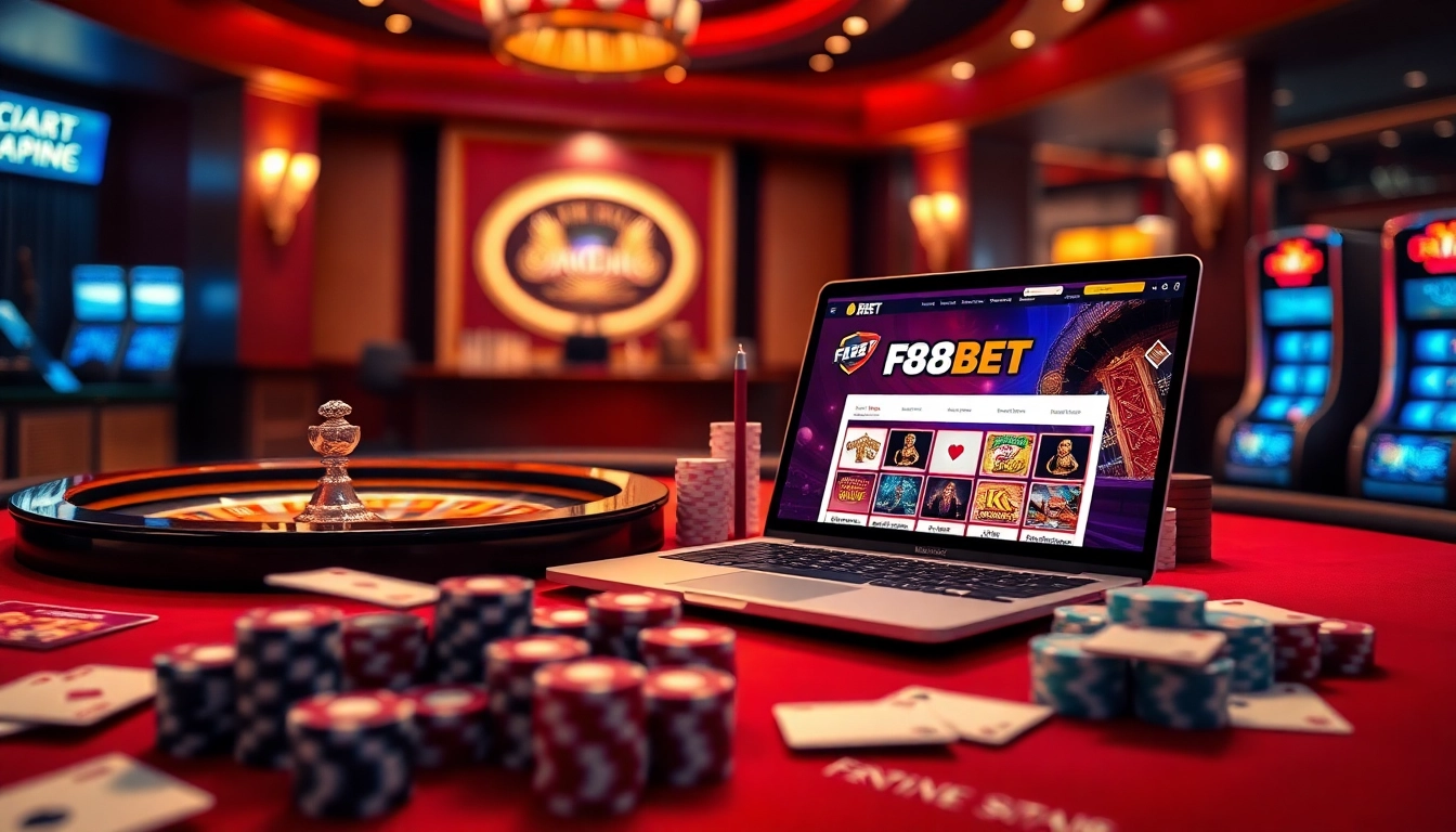 Experience the excitement of F8BET online gambling with a vibrant casino scene featuring roulette and poker.