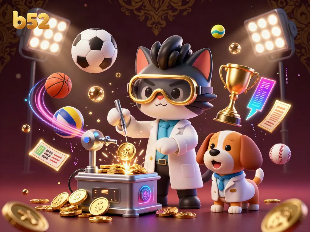 Win big with b52 in this energetic gaming scene featuring a mad scientist cat and sports elements.