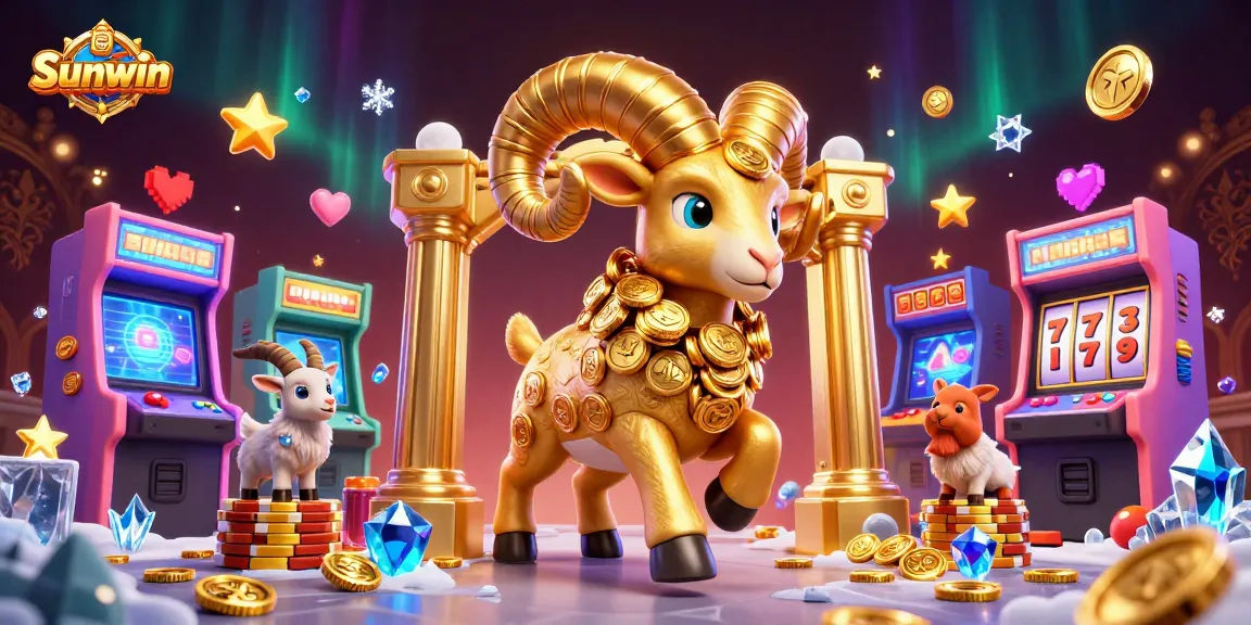Engage with Sunwin's thrilling casino experience featuring a golden ram and slot machines.