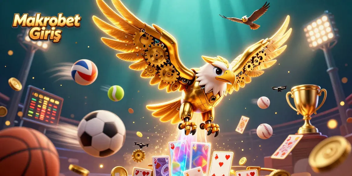 Experience the thrill of Makrobet Giriş with our dynamic casino-themed illustration showcasing vibrant sports and gambling elements.