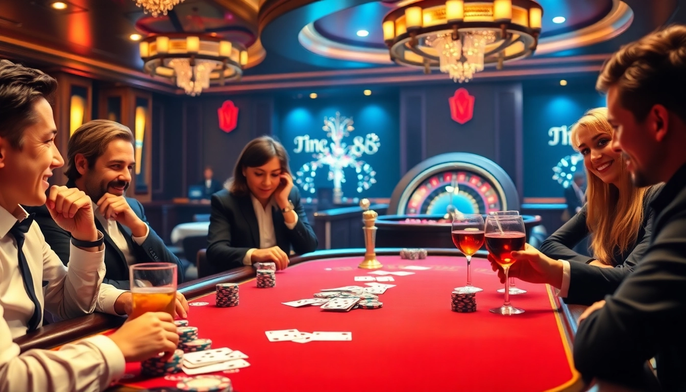 Players enjoying a high-stakes poker game at king88 casino with vibrant atmosphere.