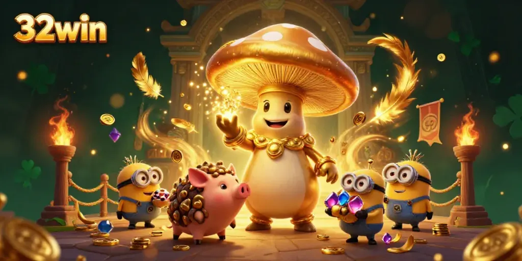 Experience the magic of 32win with golden wizardry, treasure, and vibrant casino elements.