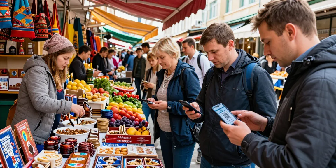 Yerlisiyle etkileşime giren turistler ve dijital ödeme uygulamasını kullanan bir kişi ile Rusya'da bir pazar yeri. https://payinrussia.com/ ile ödeme kolaylığı.
