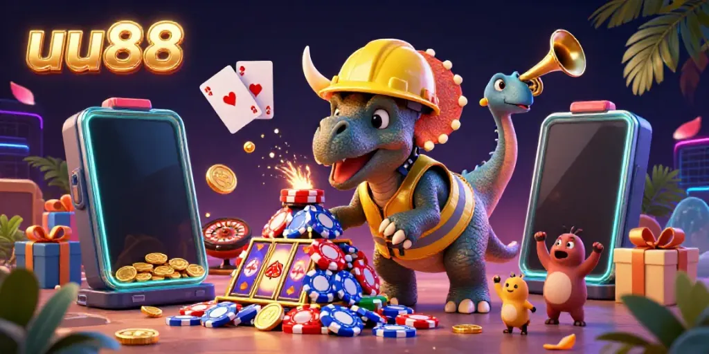 Engaging illustration showcasing uu88-themed casino excitement with triceratops and celebratory elements.
