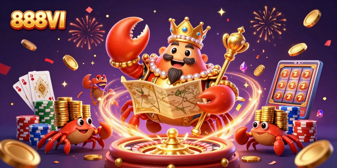 Win big with 888VI as a majestic crab emperor oversees a vibrant casino scene.
