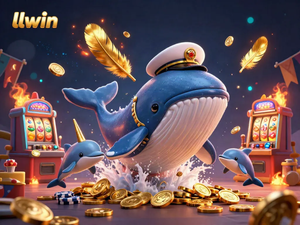 Experience llwin casino excitement with a dynamic 3D whale and golden elements amidst the fun of online gaming.