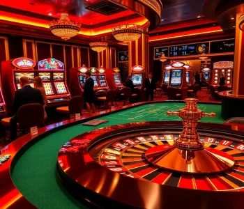 Engaged players enjoying a vibrant casino scene featuring red88 poker tables and roulette wheels.