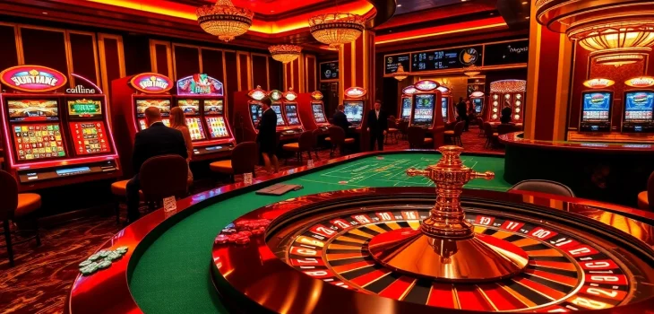 Engaged players enjoying a vibrant casino scene featuring red88 poker tables and roulette wheels.