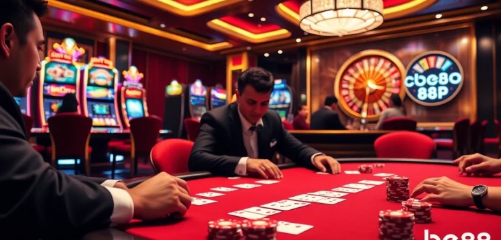 Players enjoying high-stakes gambling at bet88 casino with vibrant slot machines and a roulette wheel.
