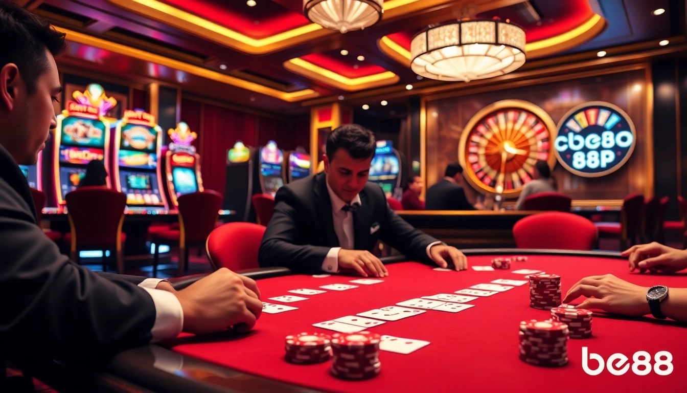 Players enjoying high-stakes gambling at bet88 casino with vibrant slot machines and a roulette wheel.