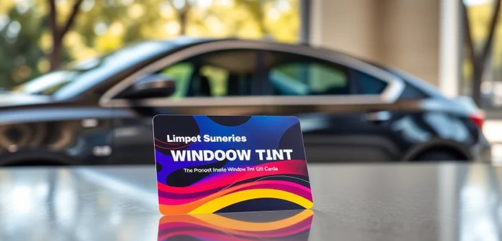 Showcase a vibrant window tint gift card against a luxurious background highlighting its premium features.