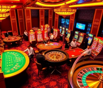 FABET players engaging in exciting casino games with poker tables and slot machines.
