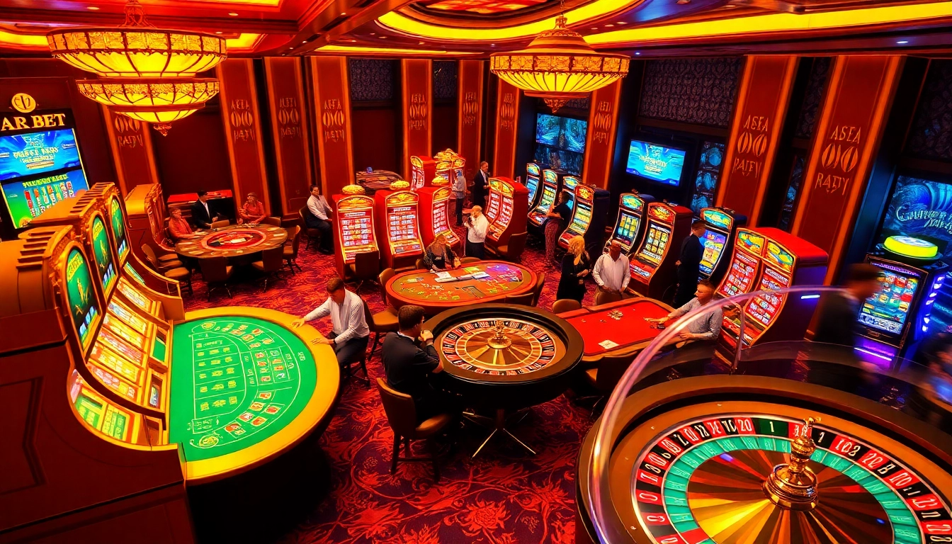 FABET players engaging in exciting casino games with poker tables and slot machines.