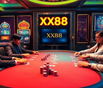 Gamblers enjoying an exciting game at the luxurious XX88 casino table with vibrant poker chips and modern slot machines.