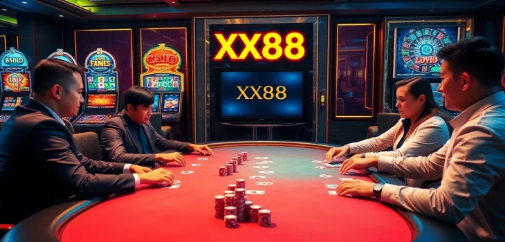 Gamblers enjoying an exciting game at the luxurious XX88 casino table with vibrant poker chips and modern slot machines.