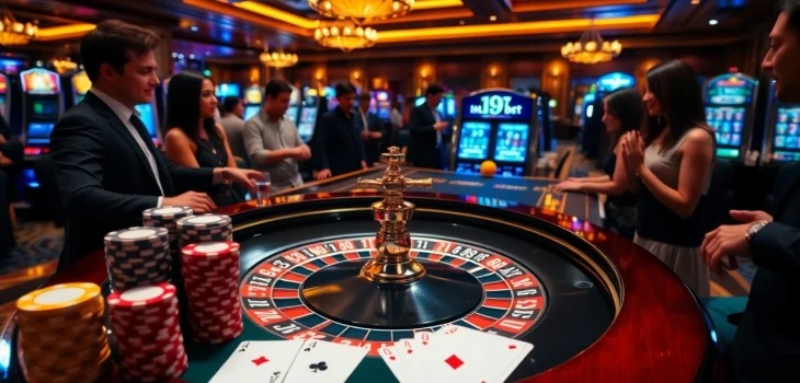Engaging gamblers at the i9bet roulette table in a luxurious casino setting.