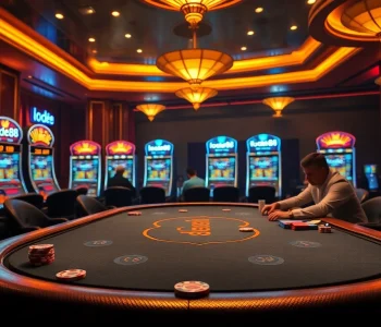 Players strategizing at a casino poker table in a vibrant lode88 gaming environment