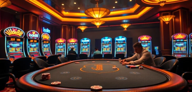 Players strategizing at a casino poker table in a vibrant lode88 gaming environment