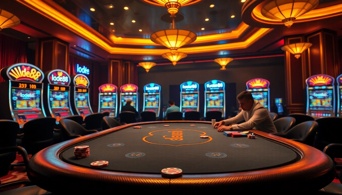 Players strategizing at a casino poker table in a vibrant lode88 gaming environment
