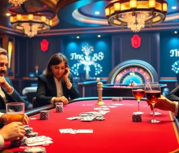 Players enjoying a high-stakes poker game at king88 casino with vibrant atmosphere.