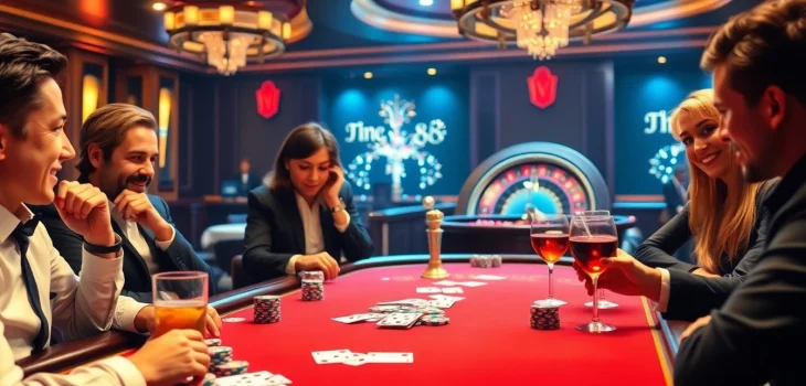 Players enjoying a high-stakes poker game at king88 casino with vibrant atmosphere.