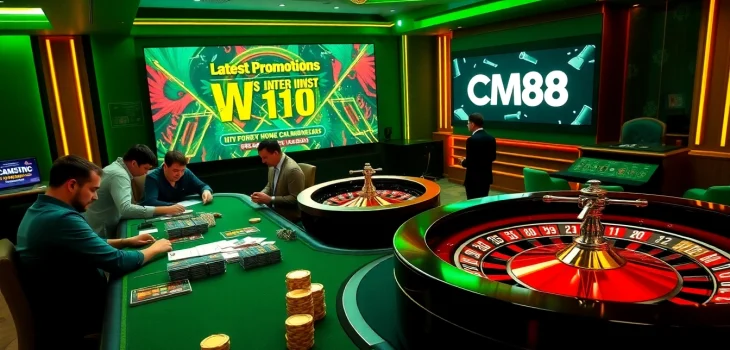 Players enjoying a high-stakes poker game at CM88, showcasing chips and vibrant casino ambiance.