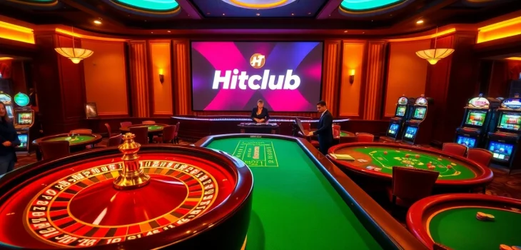 Experience the excitement at Hitclub with vibrant casino tables and a spinning roulette wheel.
