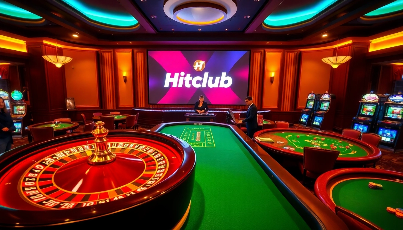 Experience the excitement at Hitclub with vibrant casino tables and a spinning roulette wheel.