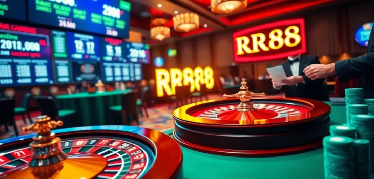 Experience the excitement of RR88 casino with vibrant roulette wheels and poker chips.
