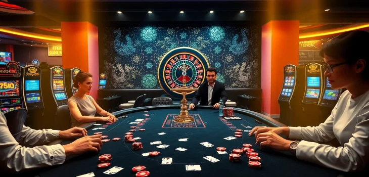 Players enjoying blackjack at a luxury table featuring may88 com's online gambling interface.