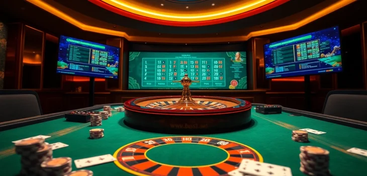 A captivating gaming atmosphere at www-bgd33.net featuring luxury casino tables with poker chips and cards.