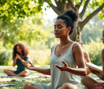 Enhancing emotional wellbeing through mindfulness activities in a serene park setting.