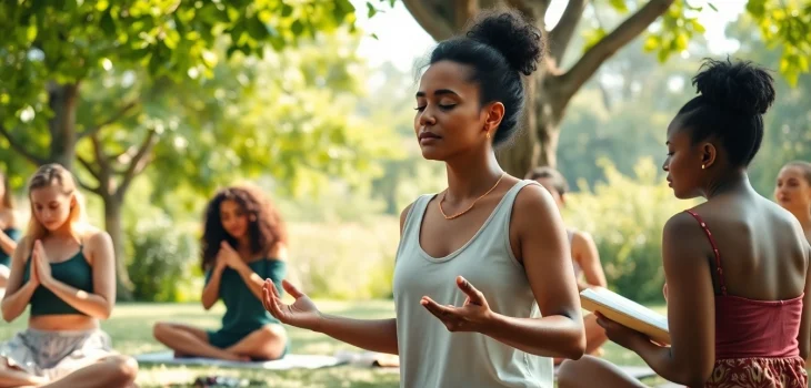 Enhancing emotional wellbeing through mindfulness activities in a serene park setting.