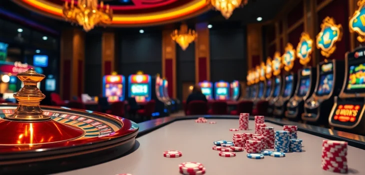 Engage in thrilling online gambling action at https://thabet88.site/ with vibrant casino visuals featuring roulette and slot machines.