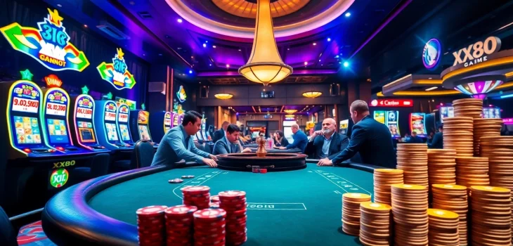 Experience thrilling gameplay at the XX88 GAME poker table, surrounded by vibrant casino elements.
