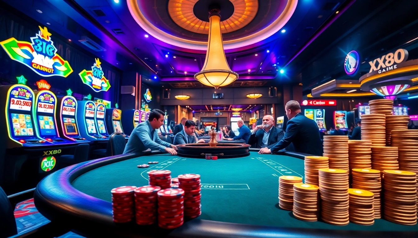 Experience thrilling gameplay at the XX88 GAME poker table, surrounded by vibrant casino elements.