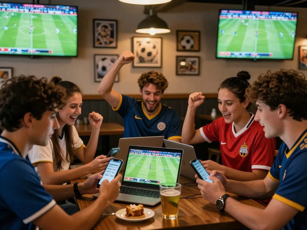 Enthusiastic friends engaging in kèo nhà cái betting at a sports bar.