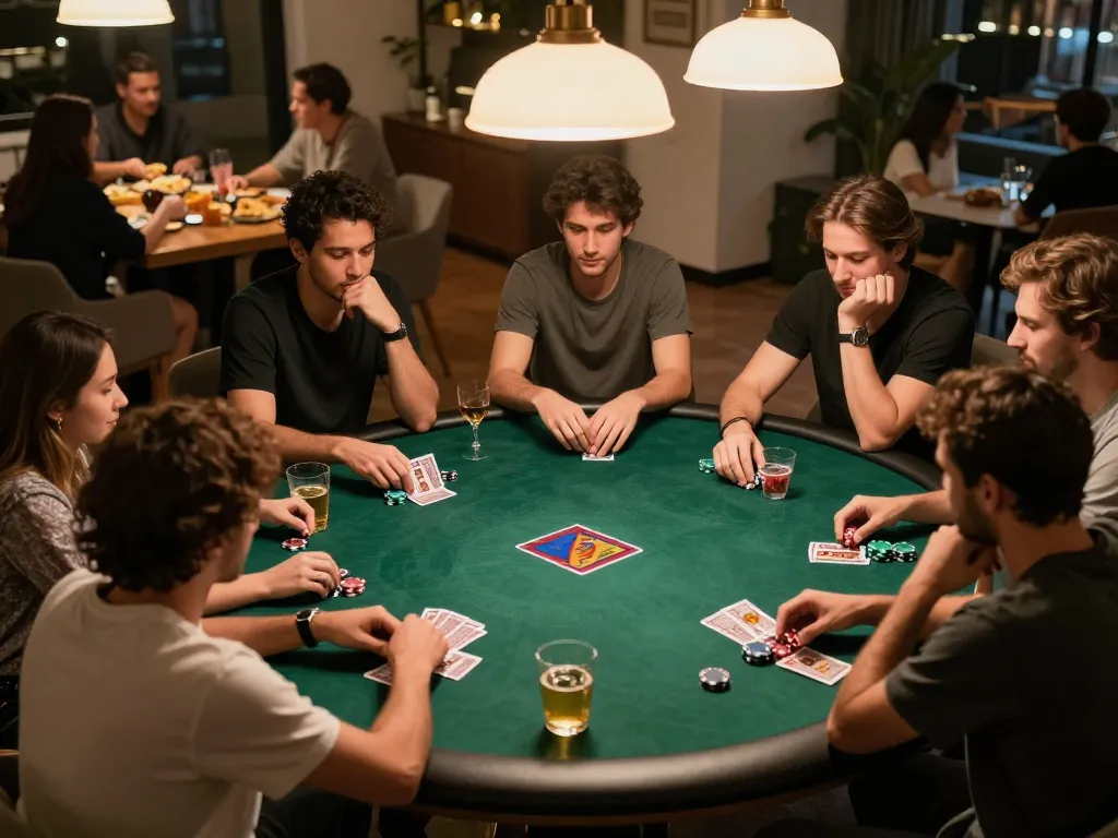 Gathering with friends enjoying a lively poker game at home, showcasing Nhà Cái RR88 and friendly competition