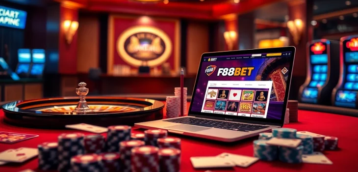 Experience the excitement of F8BET online gambling with a vibrant casino scene featuring roulette and poker.
